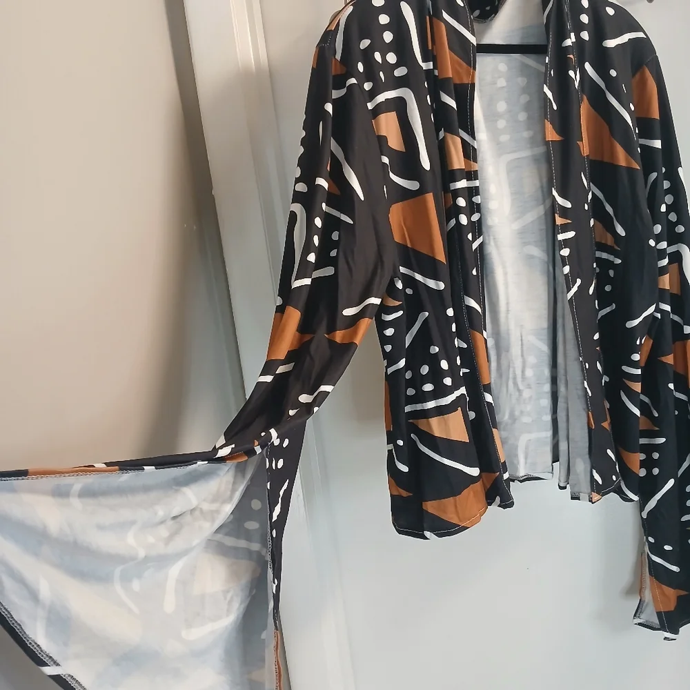 Black & Brown Split-Sleeve Geometric Tribal Print Open Front Jacket 5X / 20 NWOT
